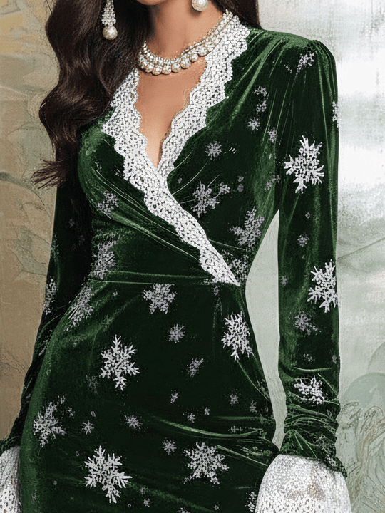 Elegant Winter Velvet Lace Trim Mini Dress