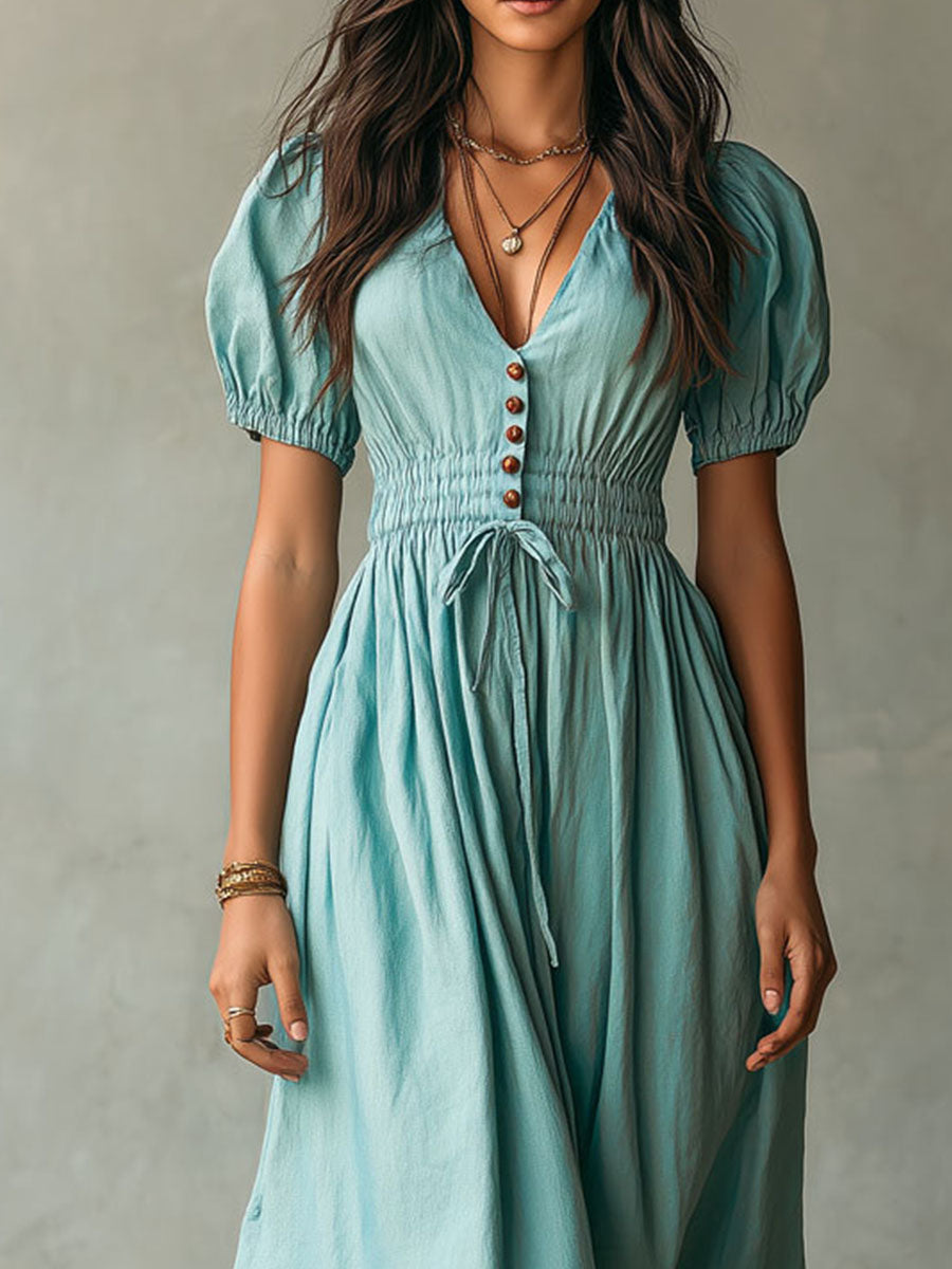 Boho Dusty Teal Linen-Blend Puff Sleeve Smocked Waist Midi Dress