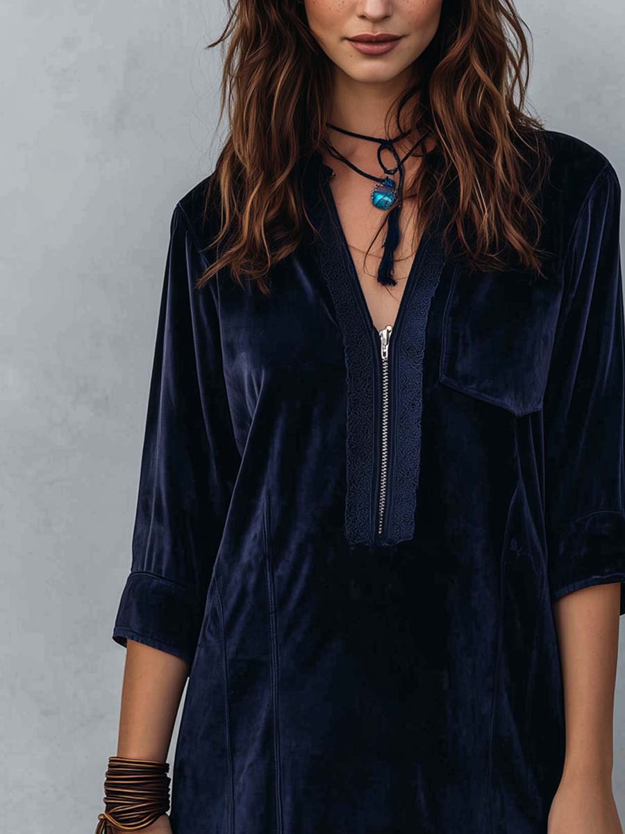 Retro Boho Style Zip-up Collar Polyester Velvet Mini Dress