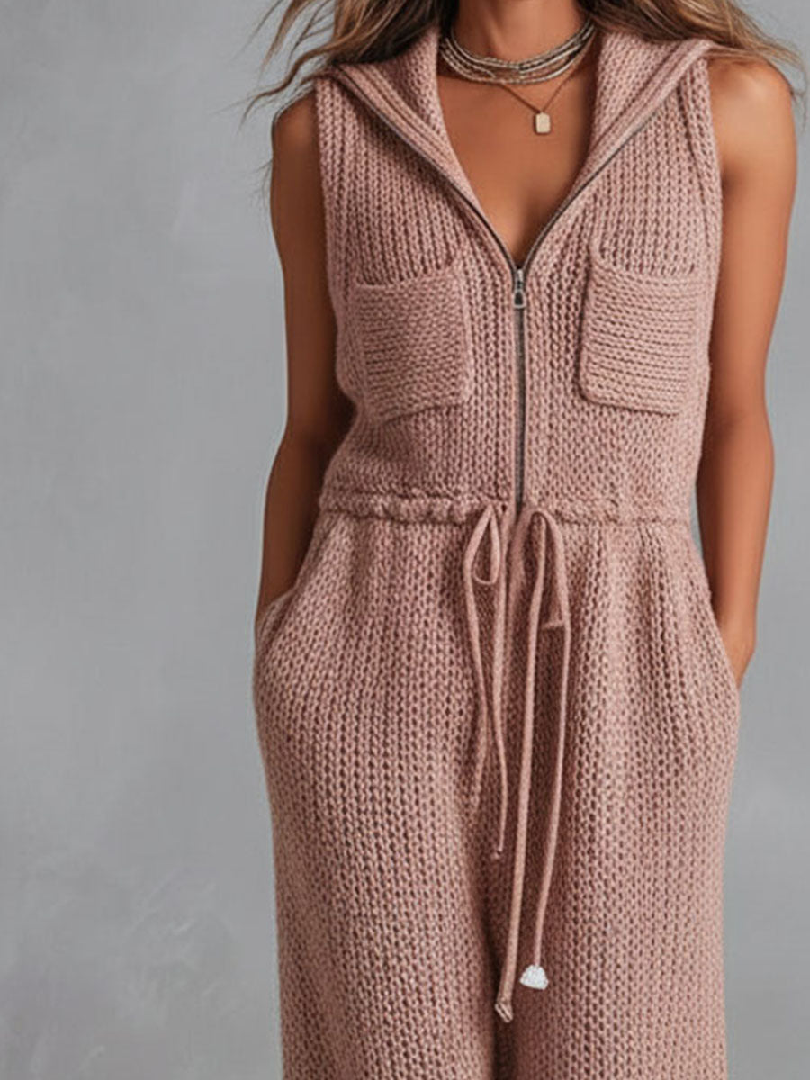 Utility Blush Knit Sleeveless Jumpsuit  With Drawstring Waist & Pockets