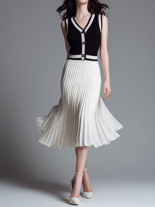 Quiet Luxury Contrast Trim Black & Ivory Pleated Knit Two-Piece Set