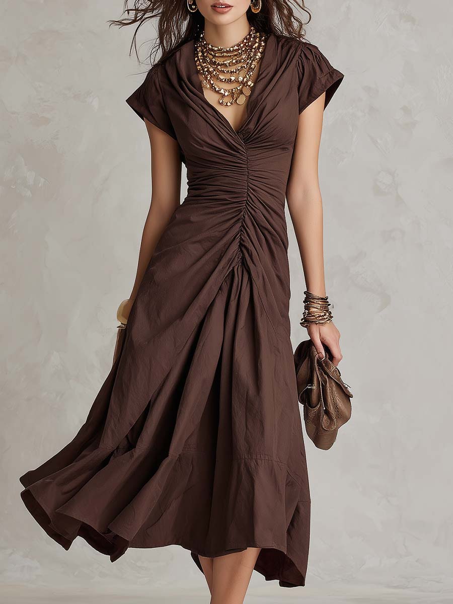 Vintage Boho Ruched Cotton Knit Midi Dress