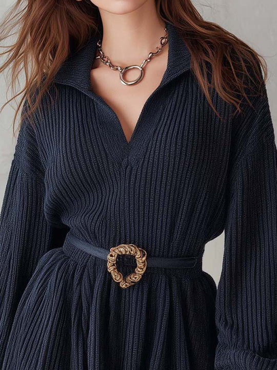 Deep Navy Minimal Chic Soft Ribbed Knit Mini Dress With Belt