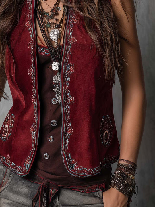 Retro Embroidered Trim Polyester Satin Vest