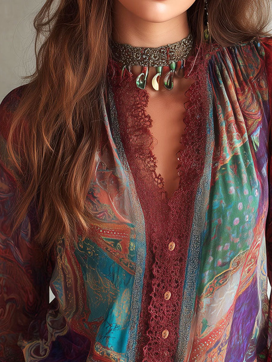Bohemian Burgundy Lace Trim Paisley Print Sheer Blouse