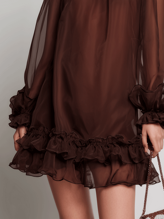 Elegant Chocolate Sheer Ruffle Mini Dress