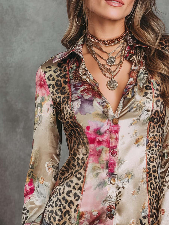 Retro Leopard Print Floral Polyester Satin Blouse