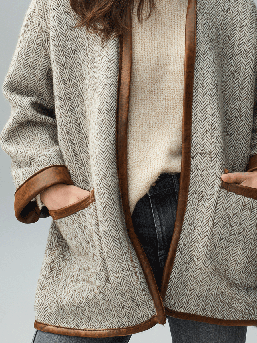 Relaxed Cozy Textured Wool-Blend Leather Trim Jacket