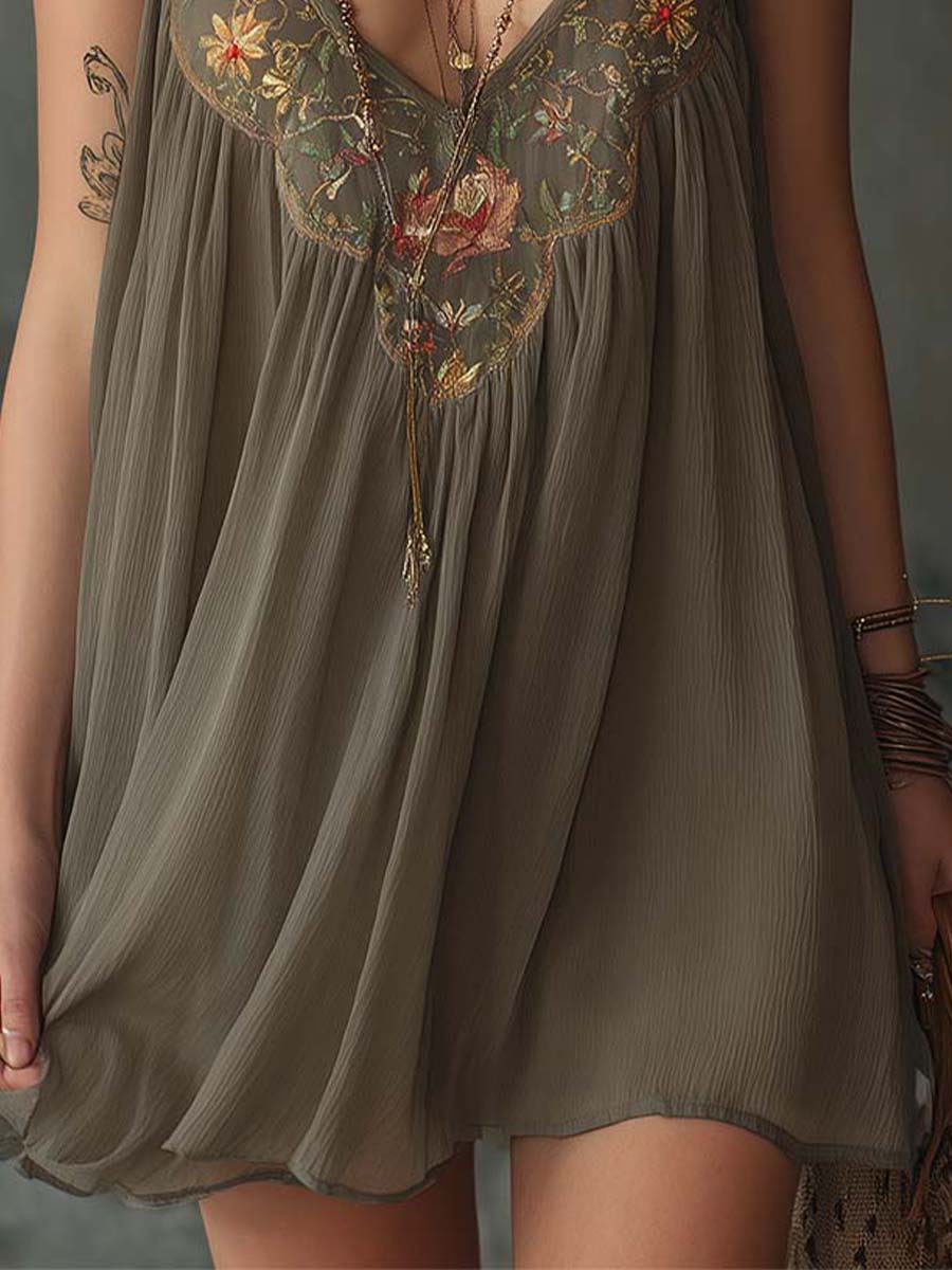 Bohemian Elegance Embroidered Halter Mini Dress