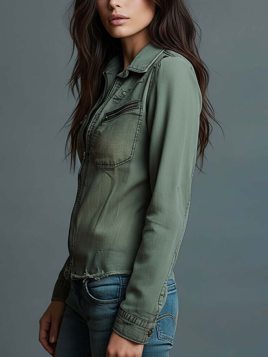 Vintage Washed Denim Zip-Up Shirt