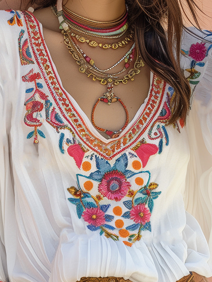 White Embroidered Cotton and Linen Long Sleeve Blouse