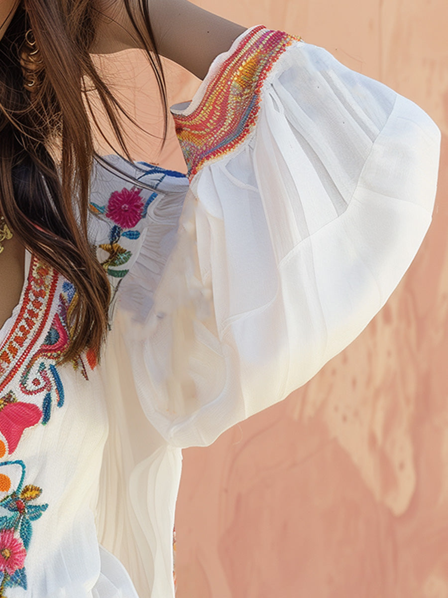 White Embroidered Cotton and Linen Long Sleeve Blouse