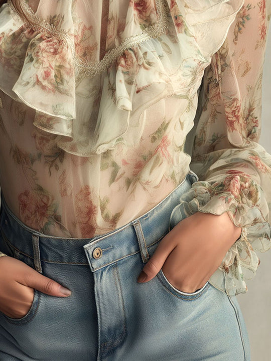 Romantic High-Neck Floral Ruffle Chiffon Blouse