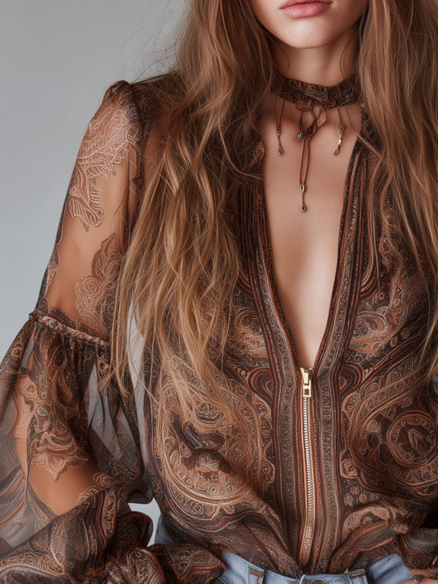 Vintage Sheer Paisley Plunge Zip Front Chiffon Blouse
