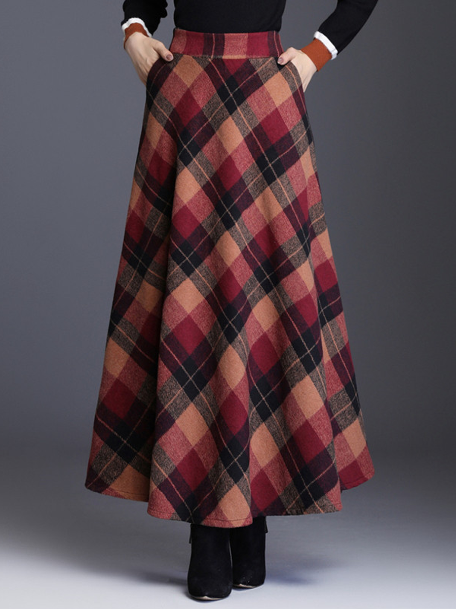 Contrast Plaid Woolen Skirt