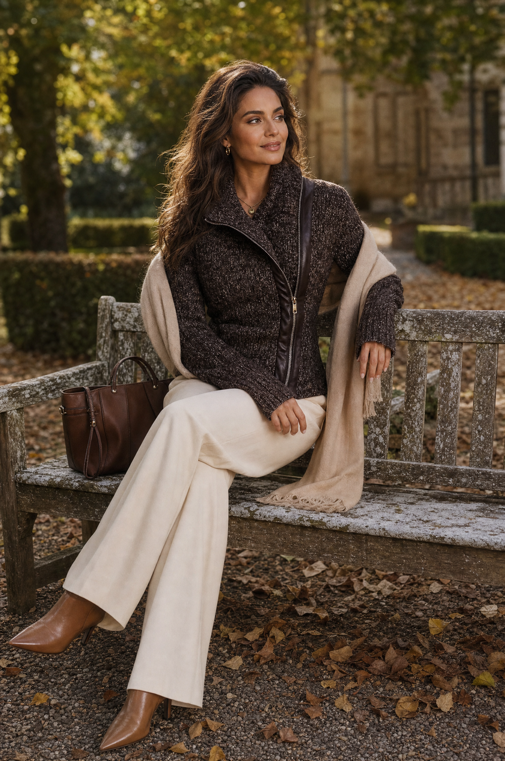 Brown Asymmetrical Zip Ribbed Knit Jacket