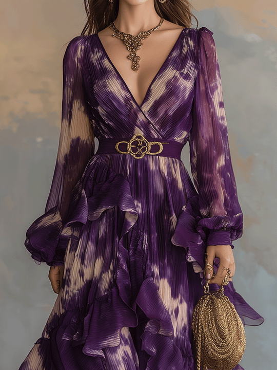 Bohemian Purple Ruffle Chiffon Maxi Dress