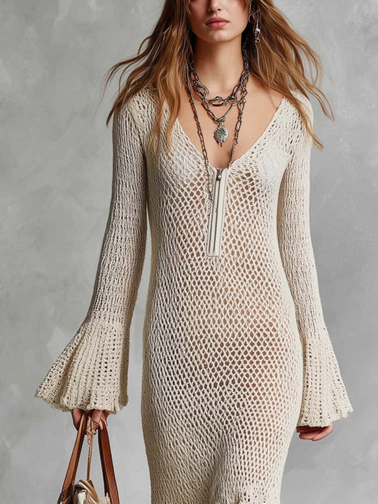 Retro Zipper Neck Flare Cuff Knitted Midi Dress