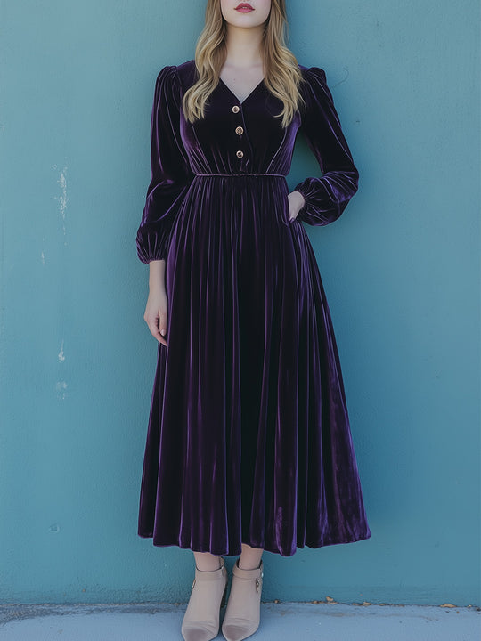 Vintage Solid Velvet Long Sleeve Maxi Dress