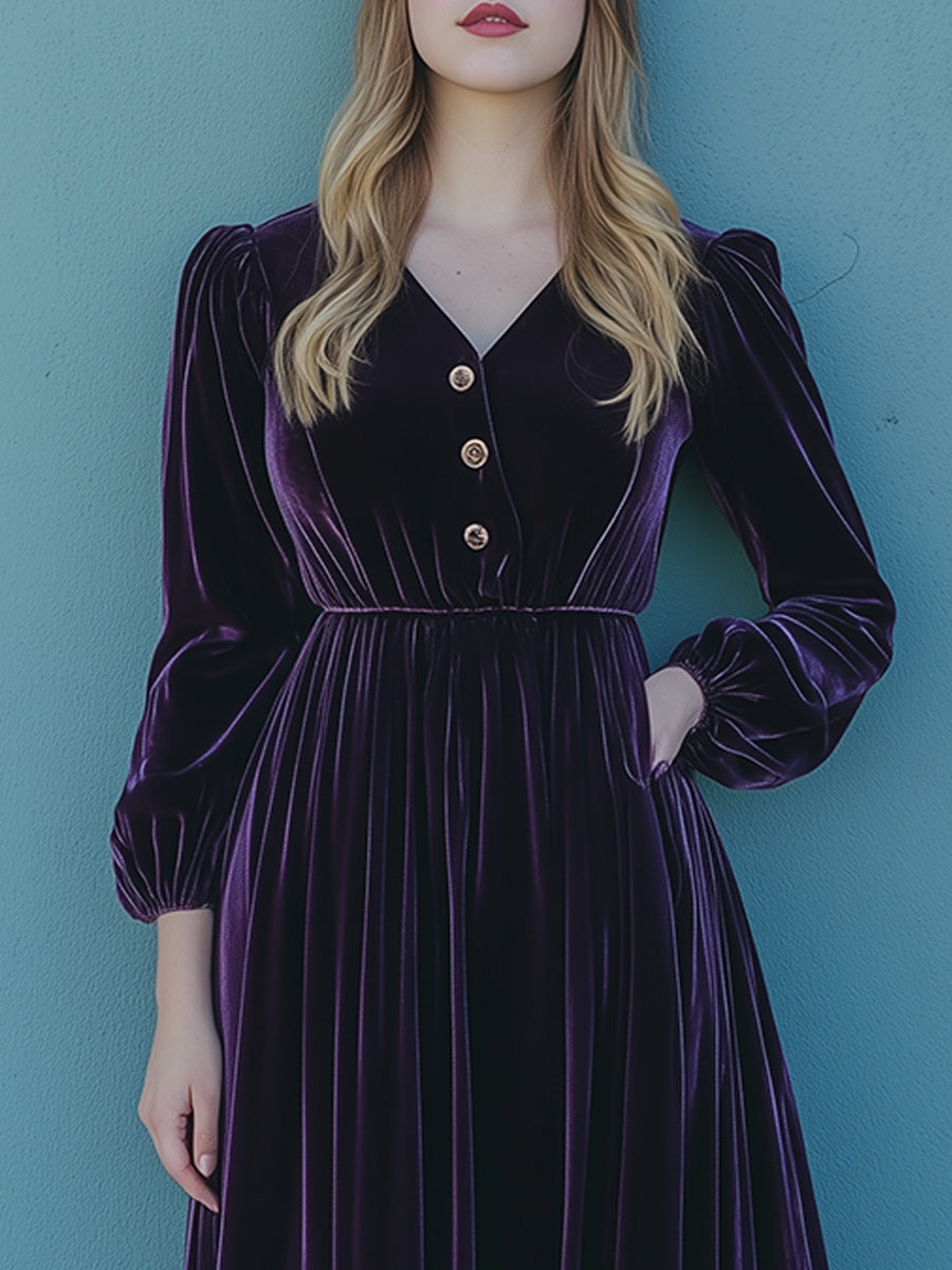 Vintage Solid Velvet Long Sleeve Maxi Dress