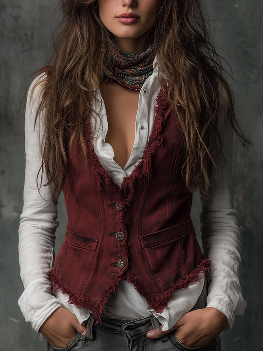 Vintage Frayed Hem Denim Vest