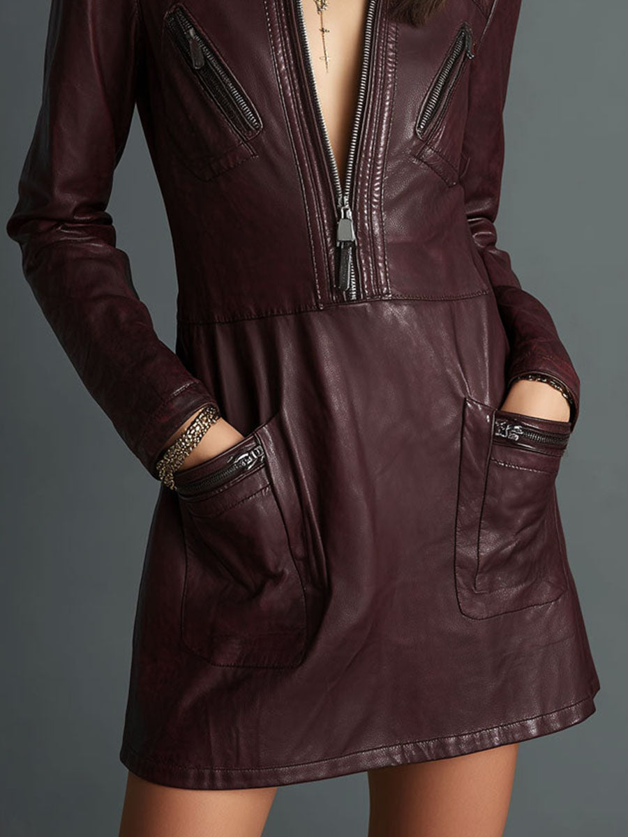 Modern Utility Deep Burgundy Leather Mini Dress