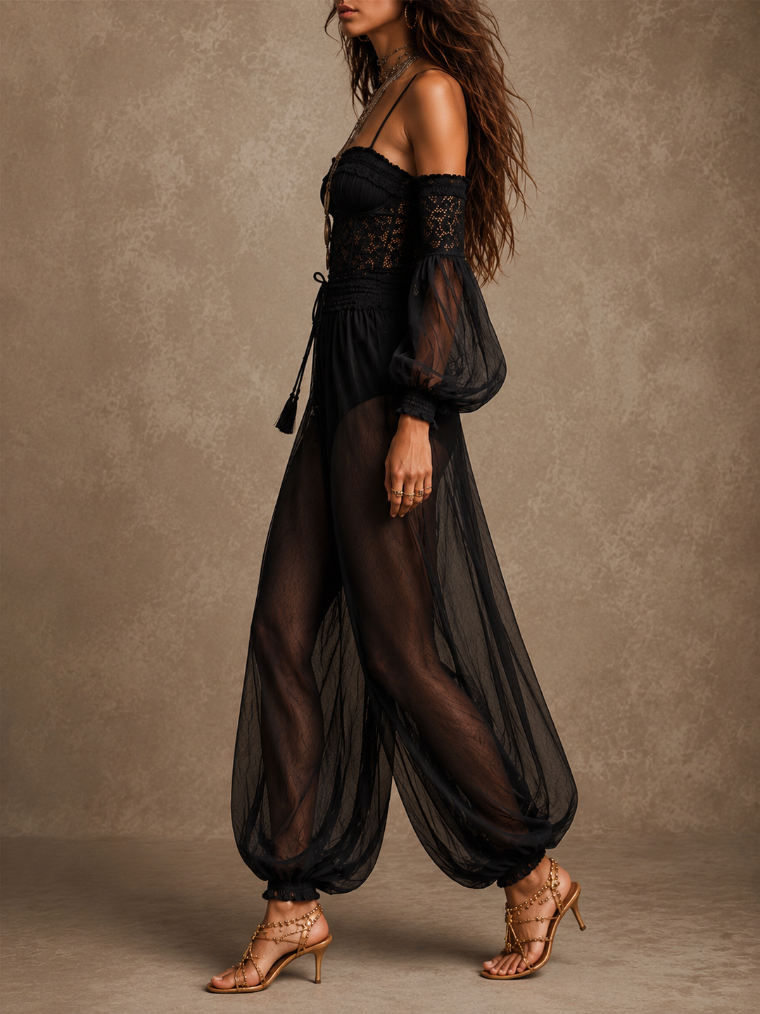 Vintage Black Lace Sheer Mesh Off-Shoulder Jumpsuit
