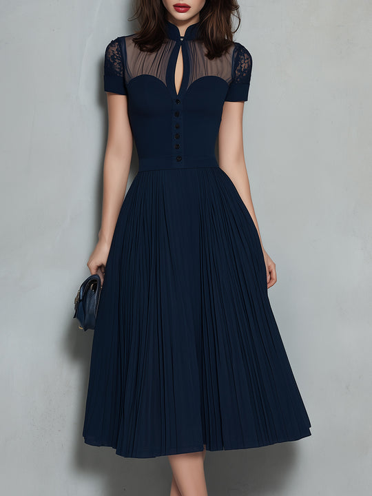 Elegant Keyhole Collar Pleated A-line Midi Dress