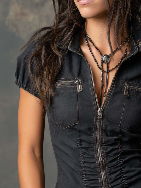 Retro Zippered Ruched Front Denim Blouse