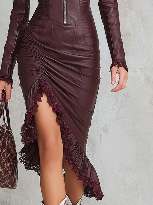 Vintage Half-zip Lace Hem Faux Leather Midi Dress