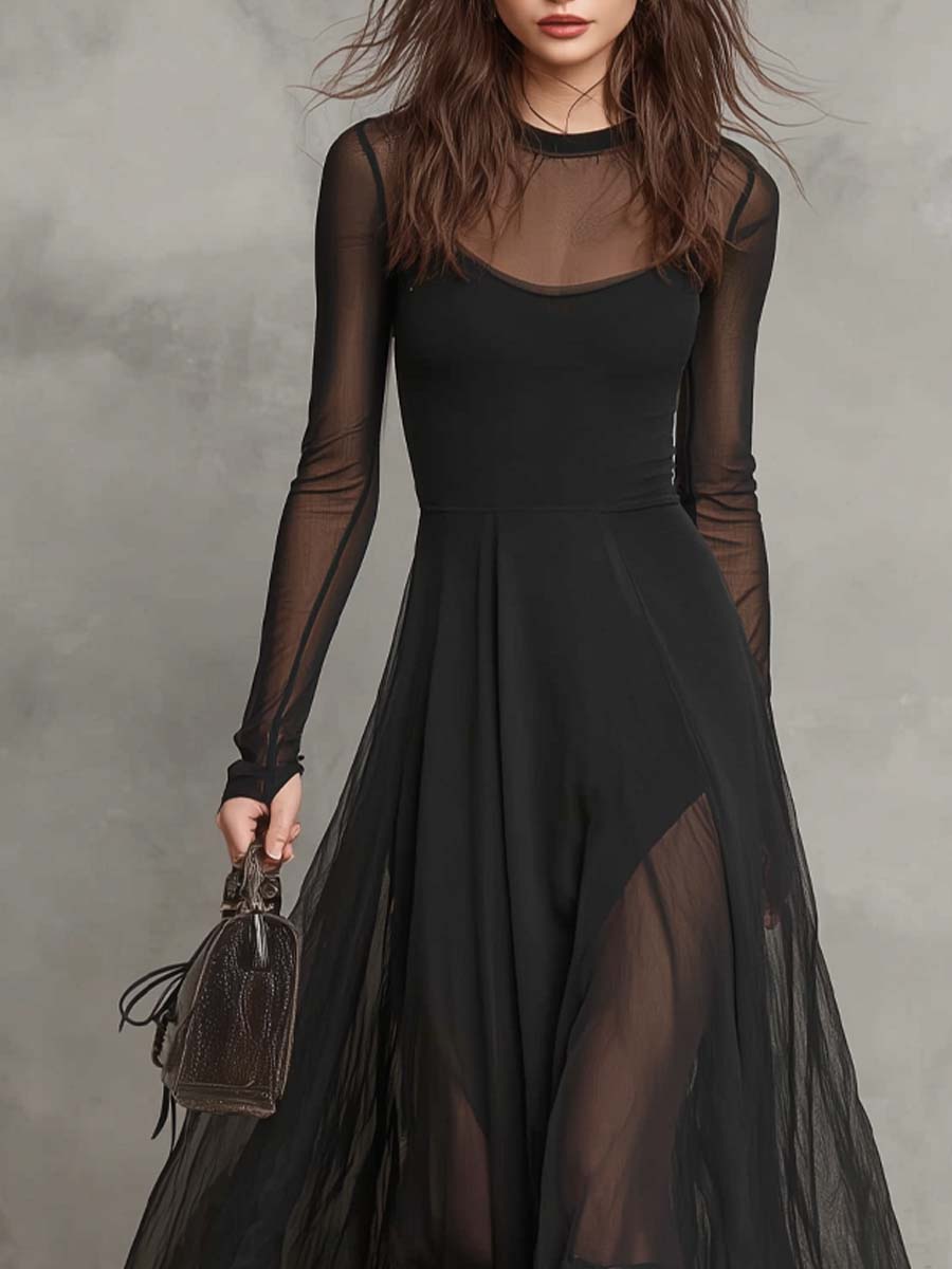 Retro Round Neck Sheer Fabric Maxi Dress