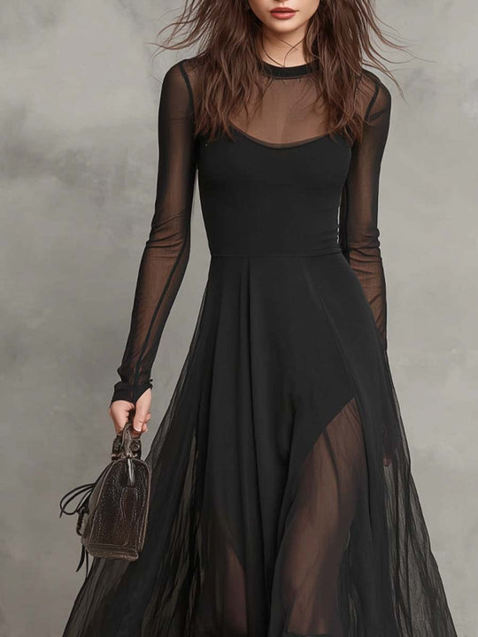 Retro Round Neck Sheer Fabric Maxi Dress