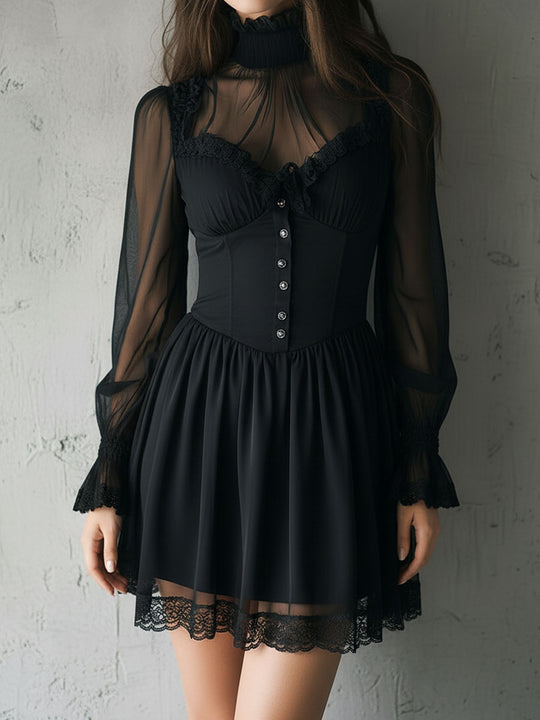 High-Neck Black Sheer Lace Mini Dress With Buttons