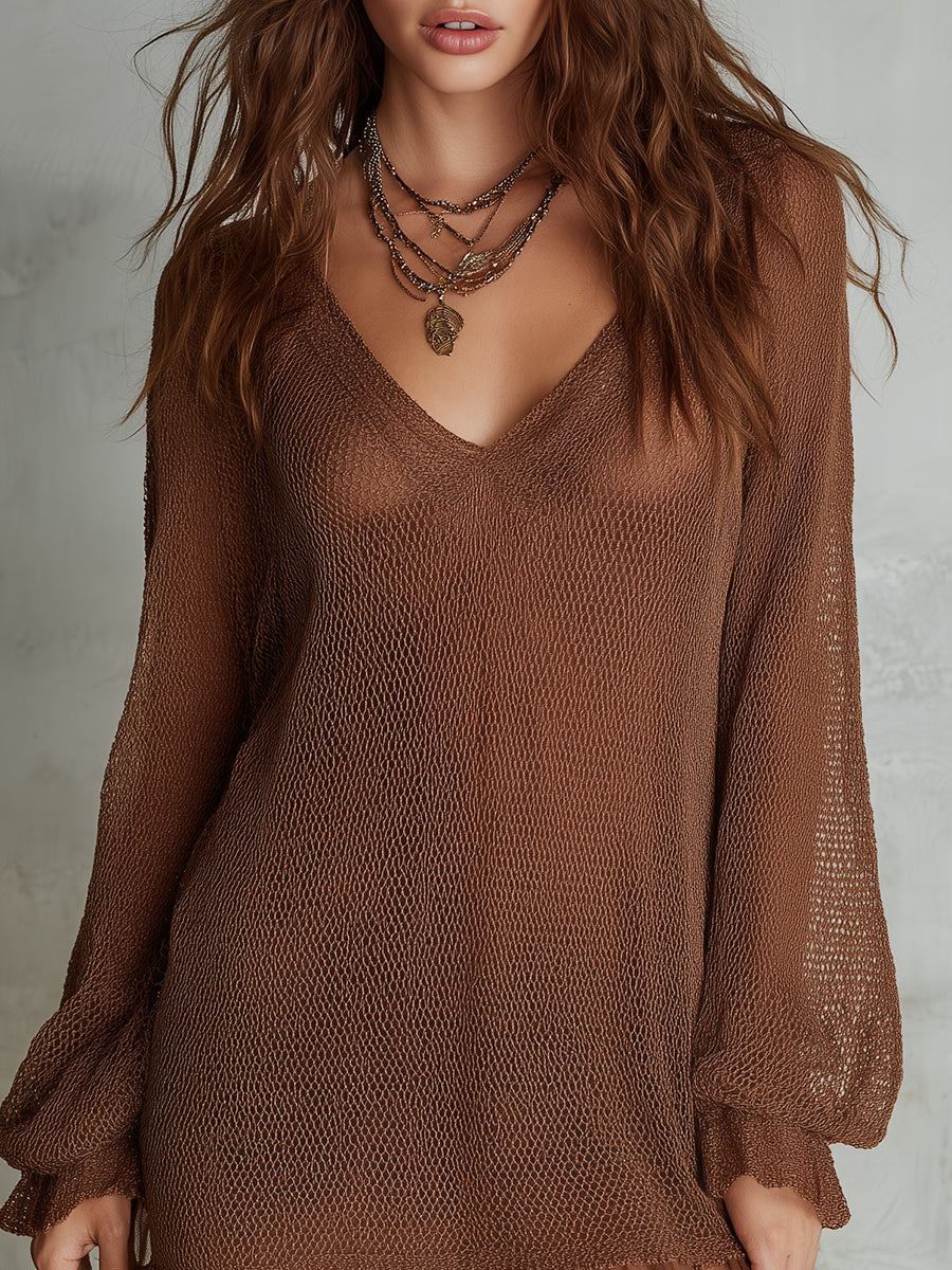 Bohemian Knitted Mini Dress With Chiffon Ruffled Hem