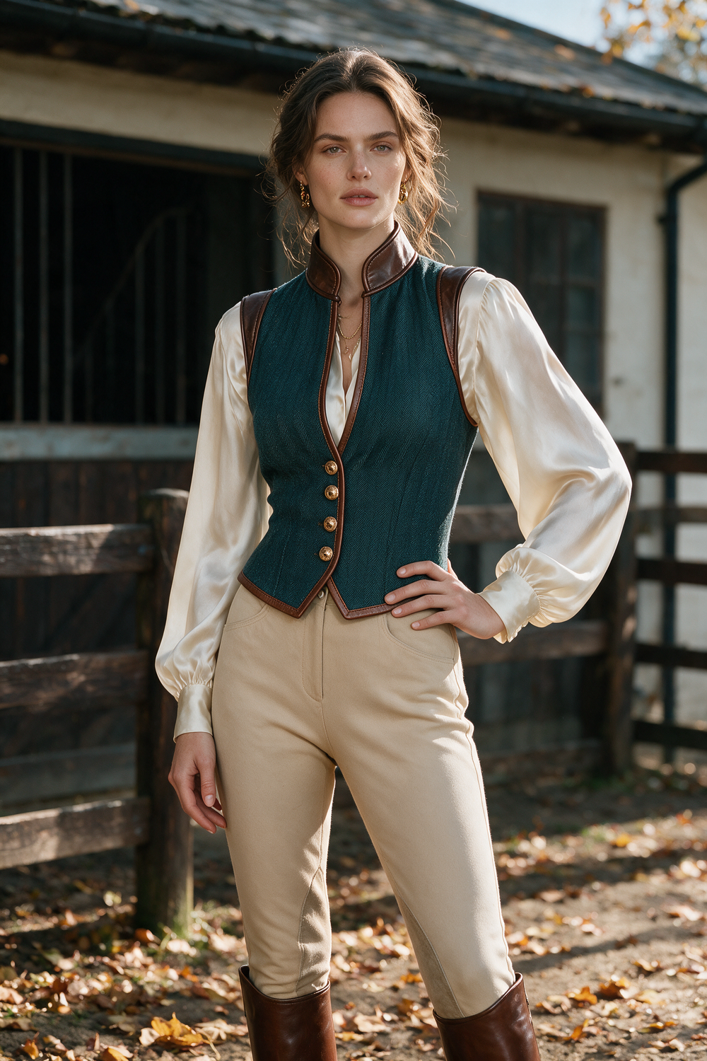 Retro Stand Collar Sleeveless Herringbone Pattern Vest With Faux Leather Trim