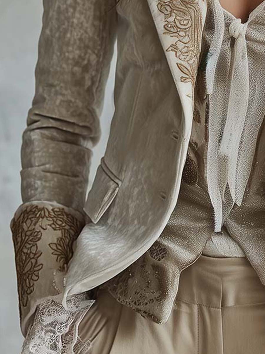 Ivory Velvet Embroidered Blazer With Lace Cuffs