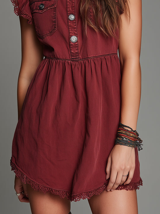 Vintage Washed Denim Mini Dress With Lace And Ruffled Sleeves