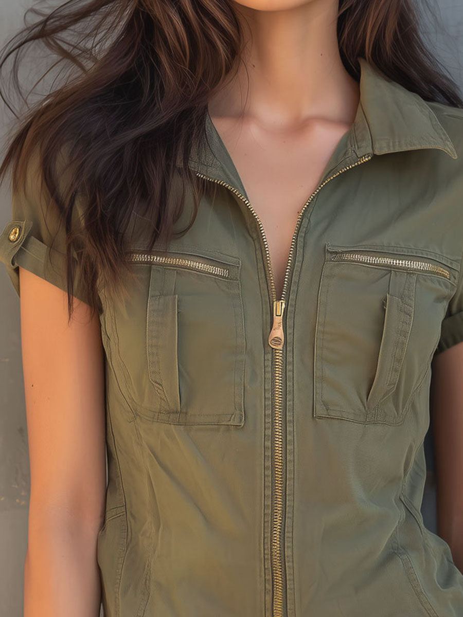 Olive Green Utility Zip Short Sleeve Shirt With Cargo Pockets