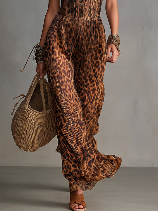 Retro Leopard Print Pleated Jumpsuit With Ruffled Trim