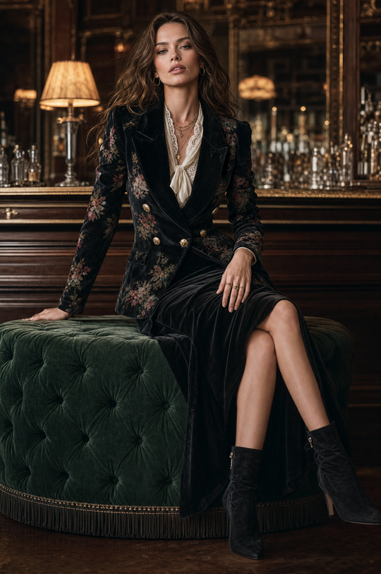 Quiet Luxury Velvet Printed Lapel Slim-fit Blazer WithButton Details