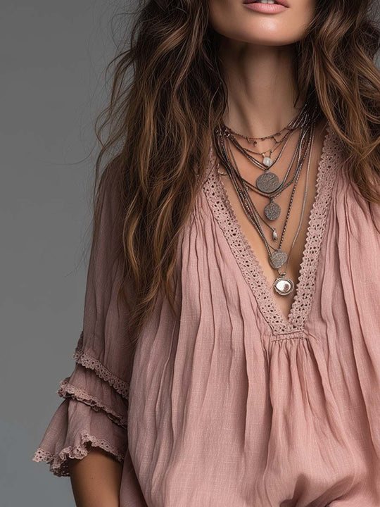 Retro Pleated Collar Ruffled Cuffs Lace Cotton Linen Blouse