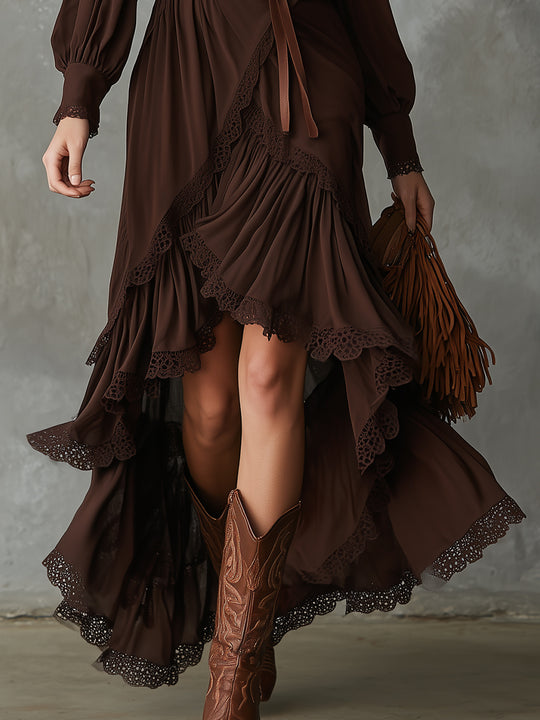 Bohemian Cotton-blend Lace Multi-layer Ruffle High-low Hem Maxi Dress