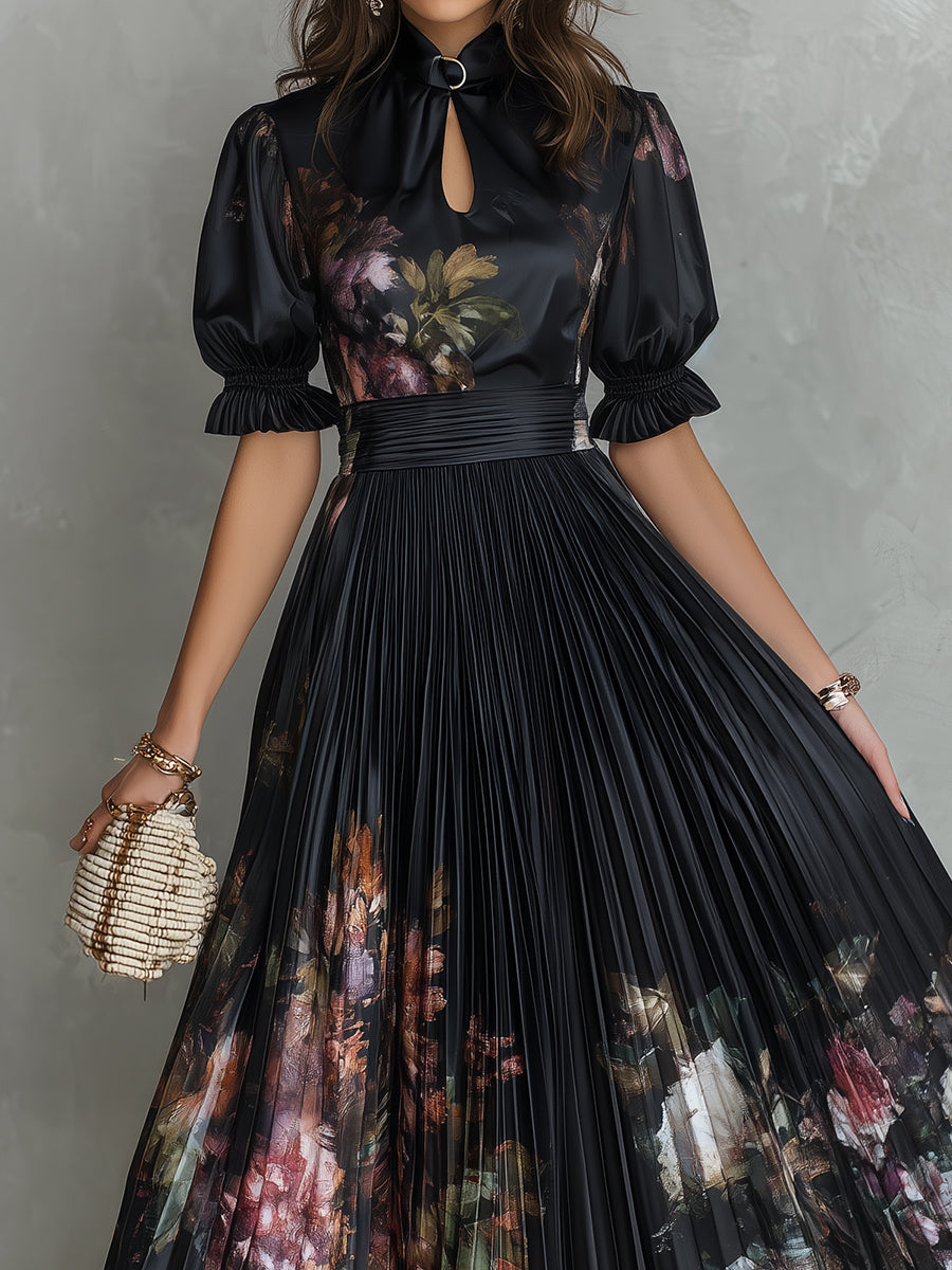 Retro Floral Print Keyhole Collar Pleated Satin Maxi Dress