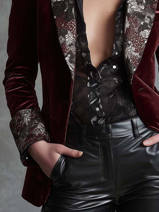 Velvet Blazer With Snake-Floral Print Lapels