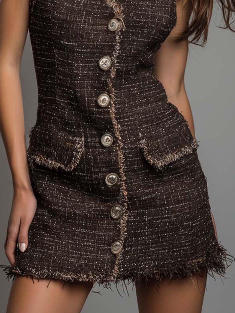 Button-Front Tweed Sleeveless Mini Dress