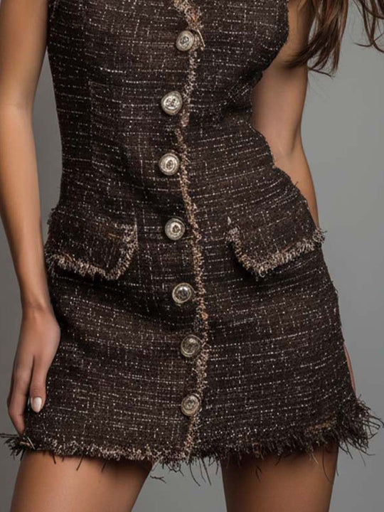 Button-Front Tweed Sleeveless Mini Dress