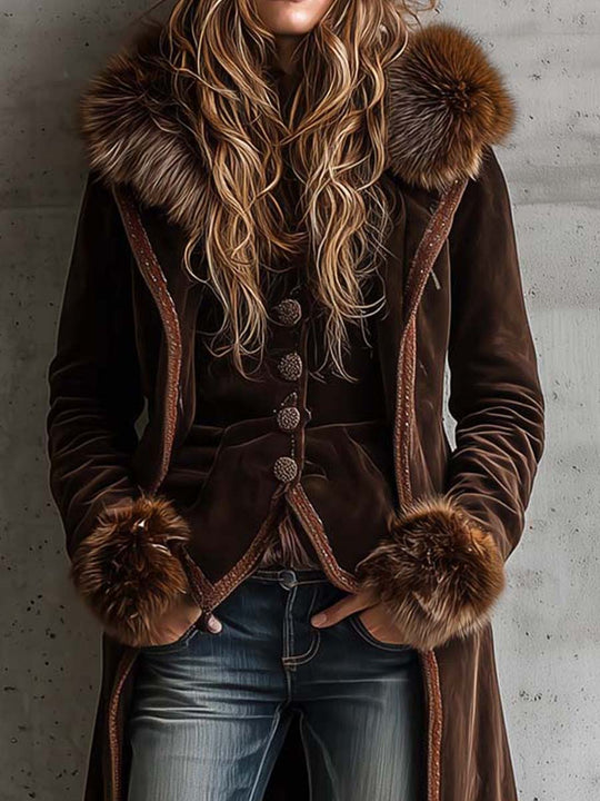 Brown Microfiber Suede Maxi Coat With Metal Buttons And Faux Fur Frim