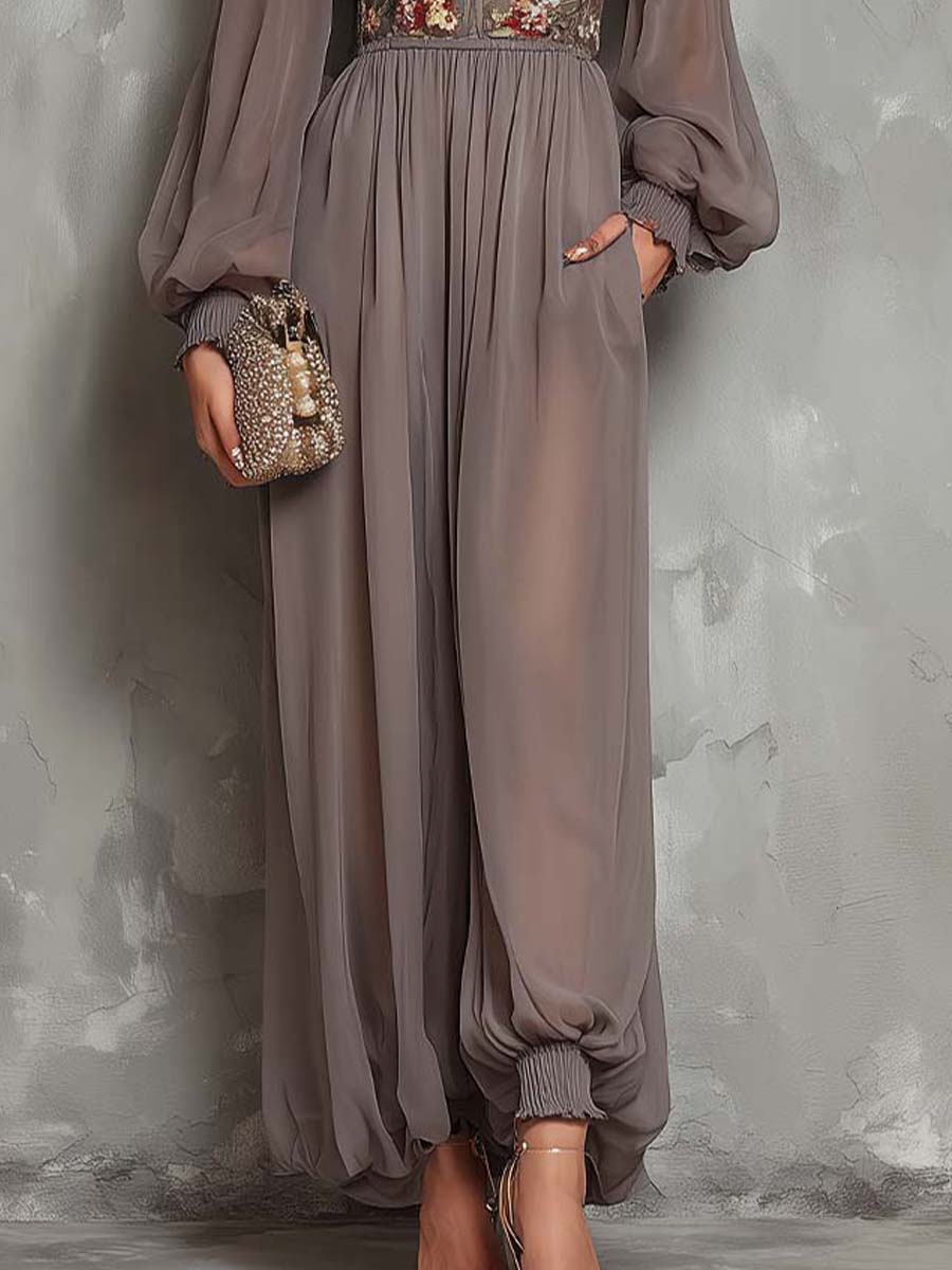 Embroidered Chiffon High-Neck Balloon-Sleeve Jumpsuit