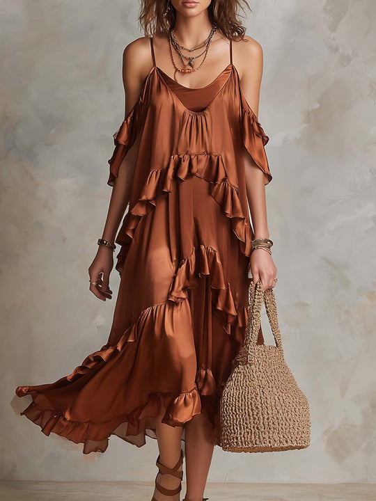 Retro Cold-shoulder Layered Ruffle Polyester Satin Midi Dress