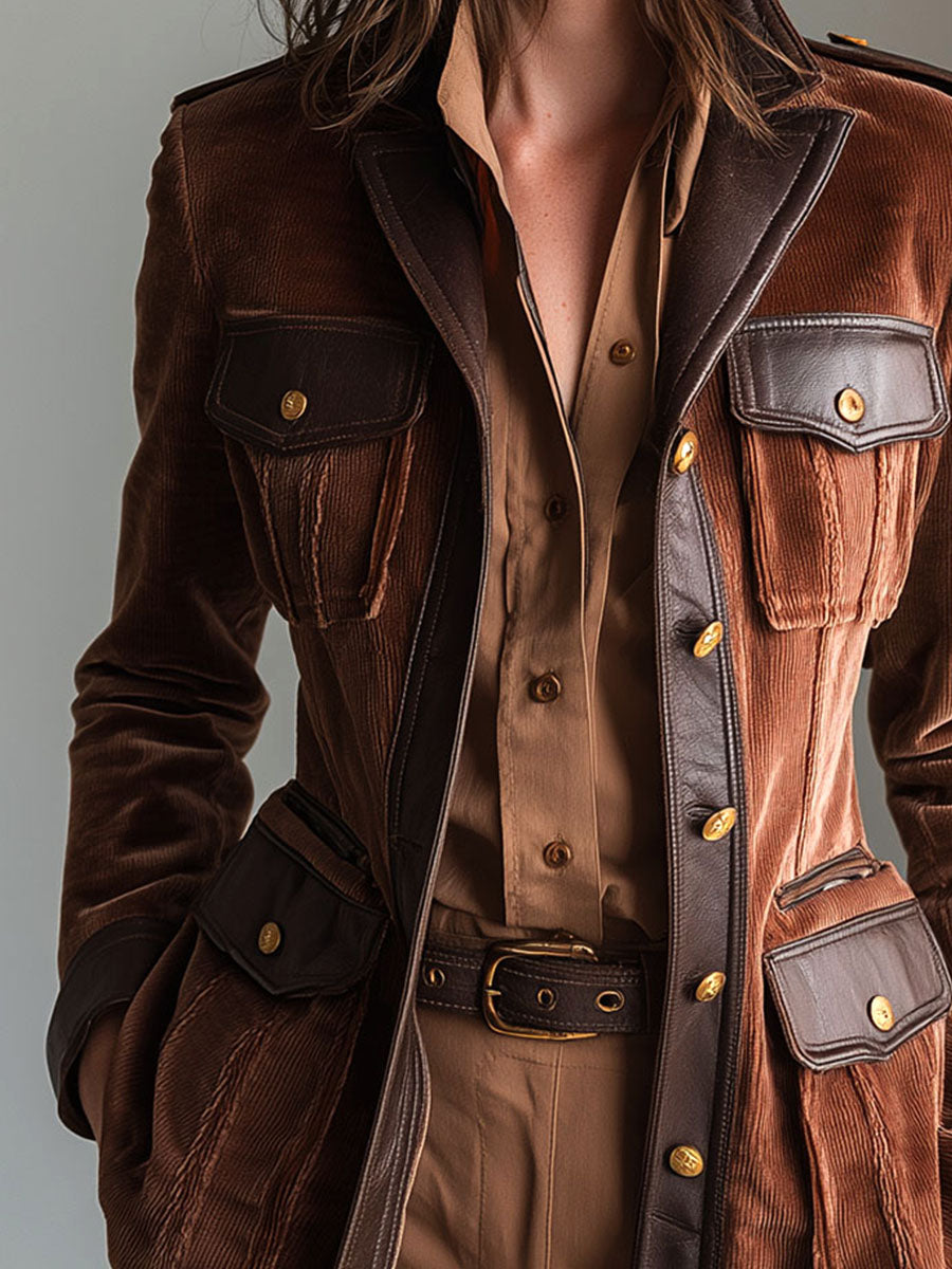 Vintage Brown Corduroy Safari Jacket With Leather Trim
